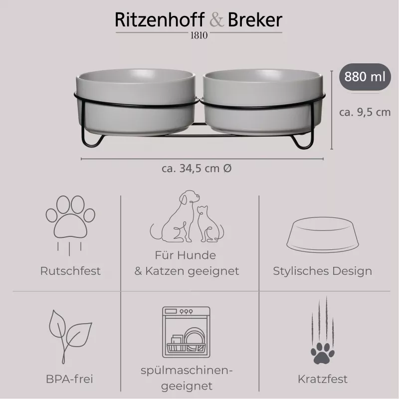 Ritzenhoff & Breker TARO kaksinkertainen koiranruokakuppisetti, 880 ml, harmaa kivitavara ja musta metalliteline 450521