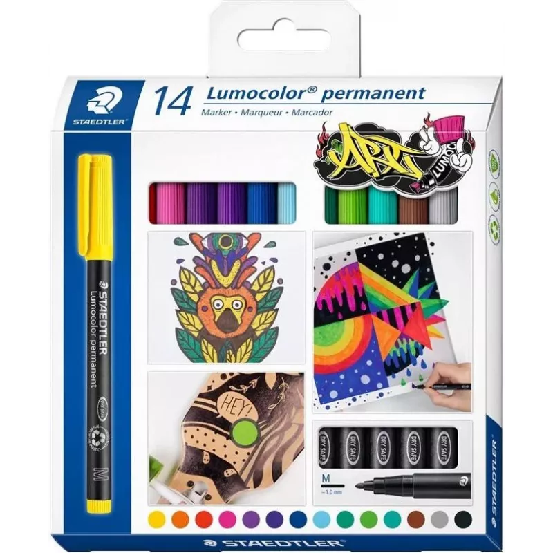 Staedtler Lumocolor permanenttitussi-sarja 317 C14 - 14 eri väriä, ohut kärki 0,6 mm