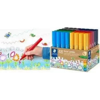 STAEDTLER Noris Jumbo 328-B KP48 huopakynät, 48 eri väriä, 3,0 mm kuitukärki, kolmiomuoto, pestävä muste, ilmastoitu korkki, uudelleenkäytettävä muki