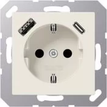 JUNG A 1520-15 CA suko-pistorasia 16 A 250 V USB-laturilla 1 x Type-A + 1 x Type-C, Safety Plus, AS-sarja, valkoinen (ivory)