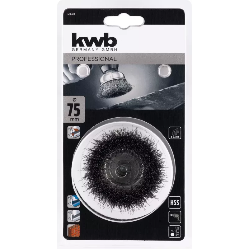 kwb teräsharja kuppi 75 mm, 0,2 mm aaltoiltu teräs, 6 mm varsi metallille ja kivelle 606310