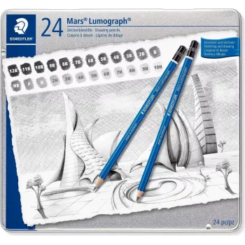 STAEDTLER Mars Lumograph 100 G24 piirustuskynäsarja, 24 eri kovuusastetta metallirasiassa, sininen kuusikulmainen