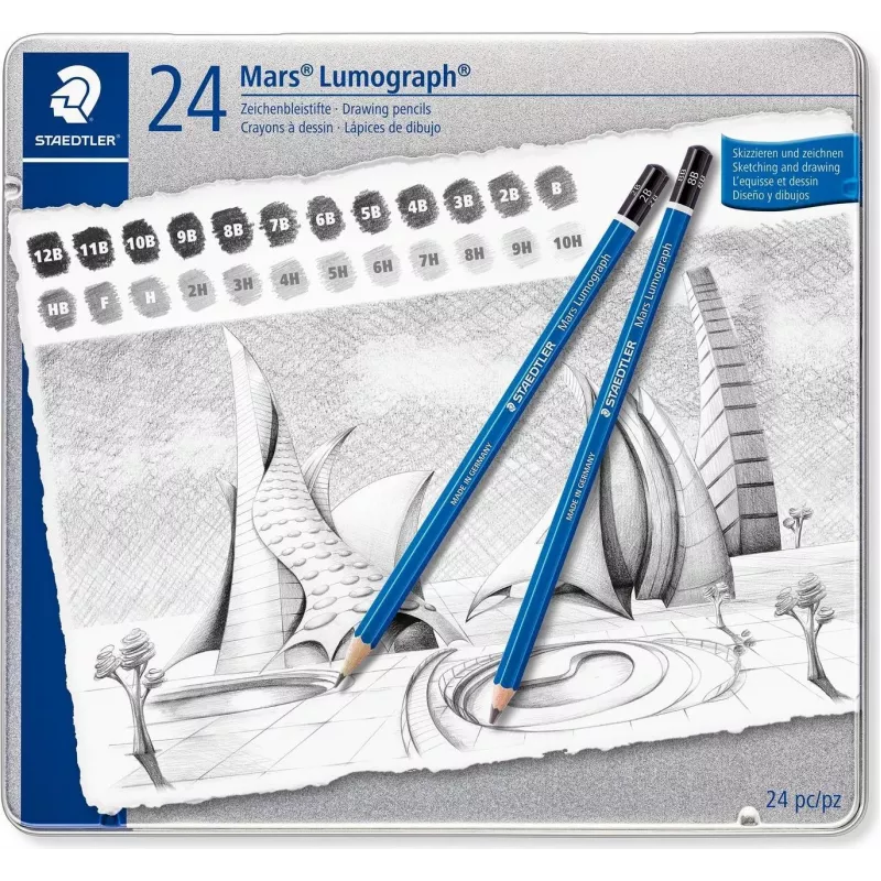 STAEDTLER Mars Lumograph 100 G24 piirustuskynäsarja, 24 eri kovuusastetta metallirasiassa, sininen kuusikulmainen
