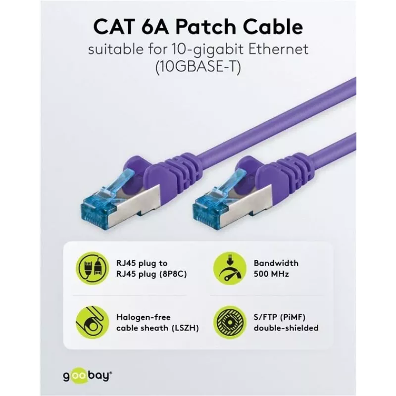 Wentronic Goobay CAT 6a S/FTP patch-kaapeli, RJ45, violetti, 3 m, LSZH, kupari 93789