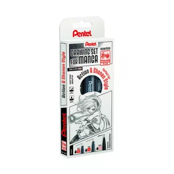Pentel Manga Action fineliner-kynäsarja, musta, 3 kynää (0,05/0,2/0,8 mm) kotelossa MNG3PCS-AC