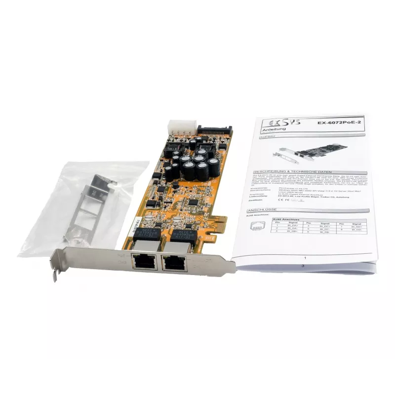 EXSYS EX-6072POE-2 kahden gigabitin Ethernet PCIe -kortti PoE:lla, Low Profile
