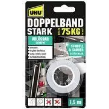 UHU Montageband STRONG, kaksipuolinen, jopa 75 kg, valkoinen erittäin vahva, vaihtoehto ruuveille ja nauloille, tarttuu pysyvästi – 1 kpl (46890)