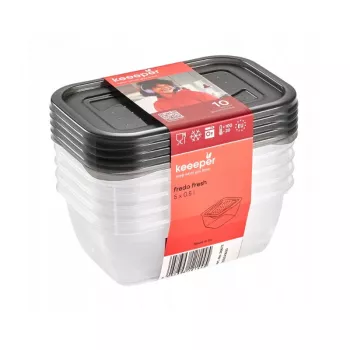 keeeper fredo fresh elintarvikkeiden säilytysastiasarja, 5x 0,5 L, suorakaiteen muotoinen, läpinäkyvä harmailla kansilla 3067282700000