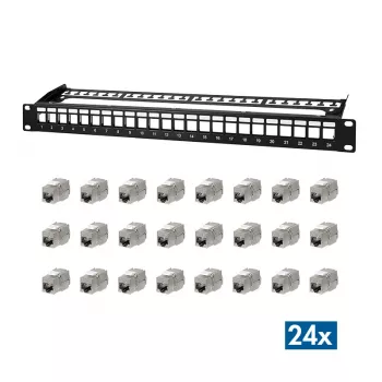 LogiLink PrimeLine 24-porttinen suojattu Cat.6A Keystone -patch-paneeli, 19 tuuman 1U, musta (RAL9005), 24x Keystone-moduulia sisältyy NK5001