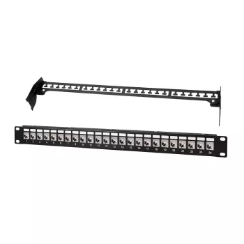 LogiLink PrimeLine 24-porttinen suojattu Cat.6A Keystone -patch-paneeli, 19 tuuman 1U, musta (RAL9005), 24x Keystone-moduulia sisältyy NK5001