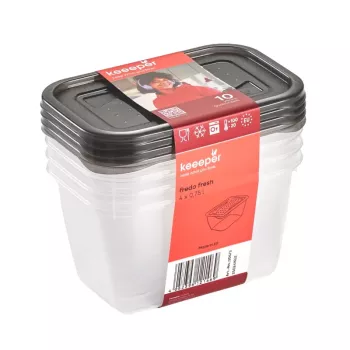 keeeper fredo fresh säilytysastiasarja, 4 x 0,75 L, suorakaiteen muotoinen, läpinäkyvä harmailla kansilla 3067382700000