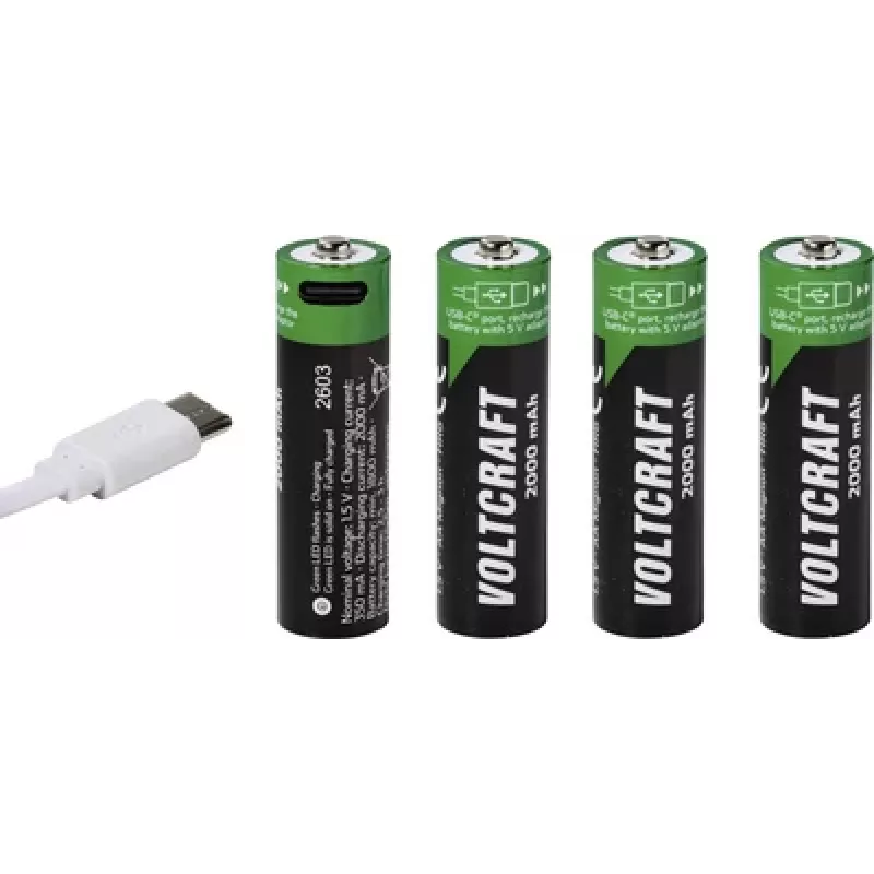 VOLTCRAFT AA Mignon Li-Ion -akku 2000 mAh 1,5 V 4 kpl:n pakkaus USB-C-lataustoiminnolla (VC-17275570)