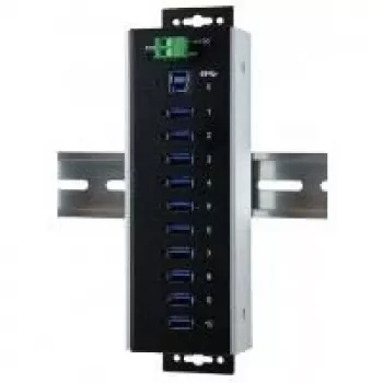 EXSYS EX-1110HMVS-WT teollinen 10-porttinen USB 3.2 Gen 1 -keskitin, DIN-kiskoon asennettava, metalli, 5Gbps