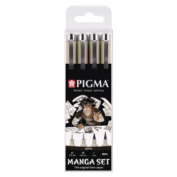 SAKURA Pigma Micron Manga Set Sepia 4-osainen fineliner- ja sivellinkynnisetti uudelleenkäytettävässä kotelossa POXSDKMAN4
