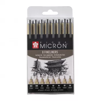 SAKURA Pigma Micron huopakynäsarja, 8-osainen, musta, eri kärkikoot 0,15 mm–sivellin POXSDK8