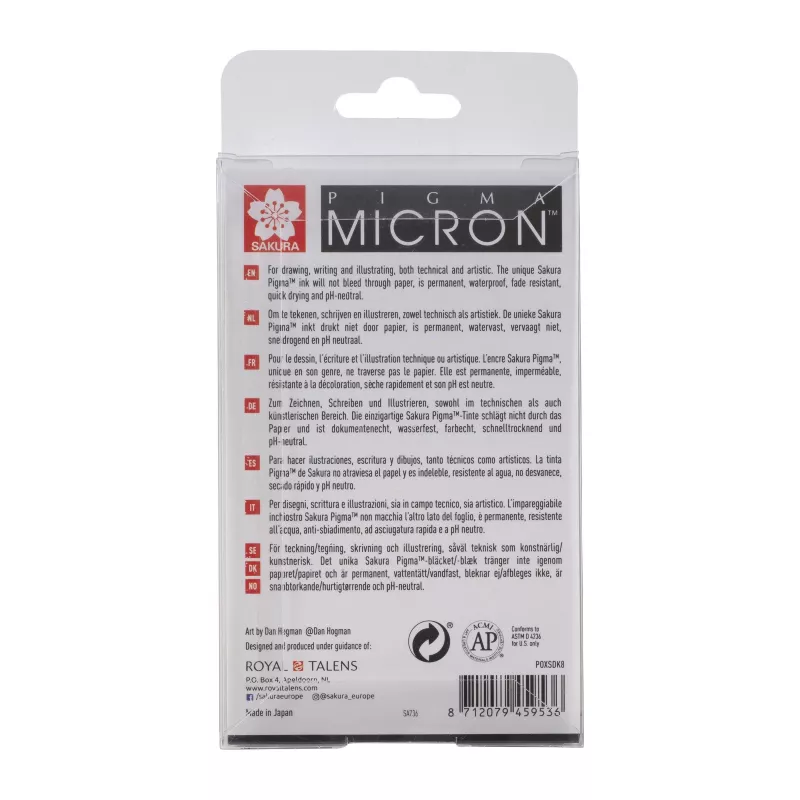 SAKURA Pigma Micron huopakynäsarja, 8-osainen, musta, eri kärkikoot 0,15 mm–sivellin POXSDK8