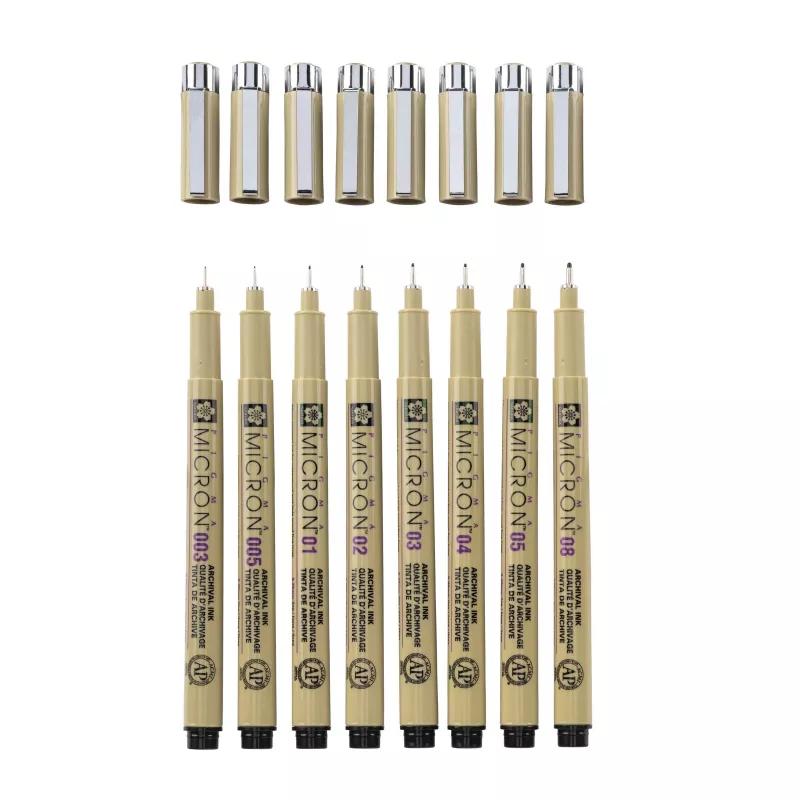 SAKURA Pigma Micron huopakynäsarja, 8-osainen, musta, eri kärkikoot 0,15 mm–sivellin POXSDK8