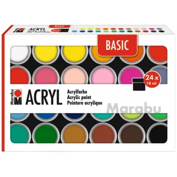 Marabu akryylivärisarja BASIC, 24 x 18 ml, korkea pigmentointi, erittäin hyvä valonkesto 1210000000215