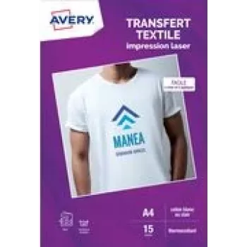 Avery T-paitasiirtopaperi A4 valkoinen vaaleille kankaille, lasertulostin, 15 arkkia (C9403-15)