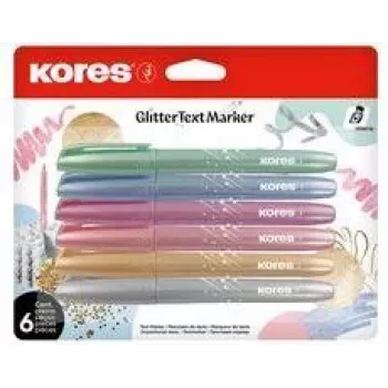 Kores glitter-yliviivainkynäsarja, kiilapää 3-5 mm, 6 kirkasta glitteriväriä, vesipohjainen, nopeasti kuivuva, tahriintumaton, tuuletettu korkki, myrkytön TM36300