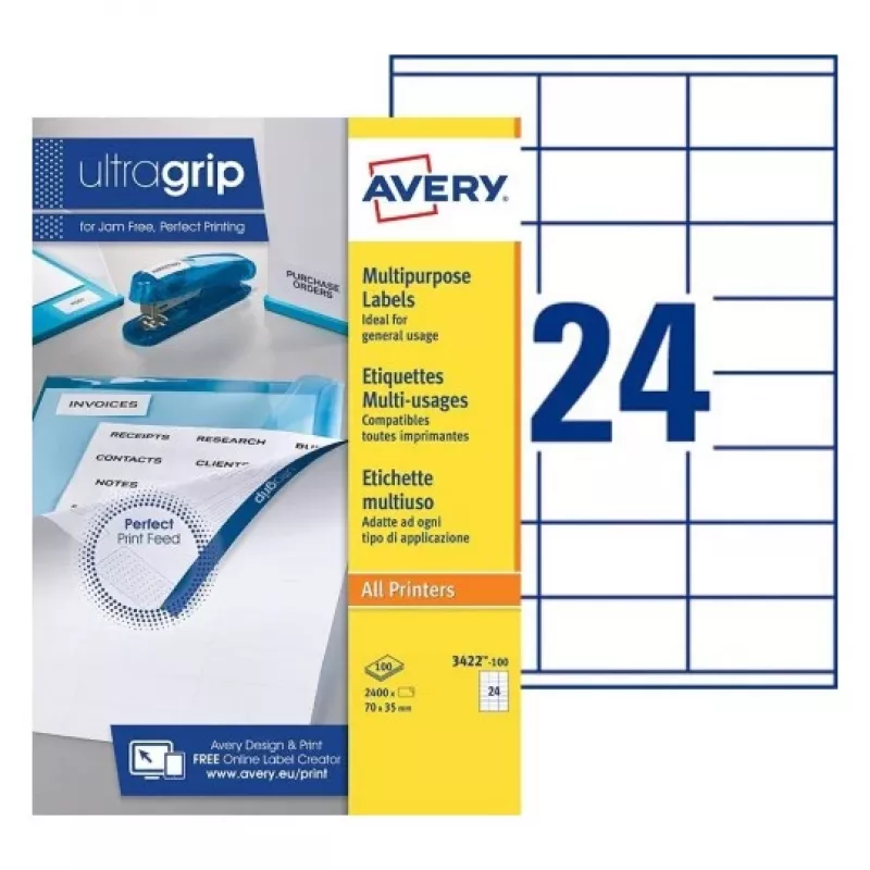 AVERY yleis-etiketit 70 x 35 mm valkoinen Ultragrip, 2400 etikettiä (3422-100.FR)