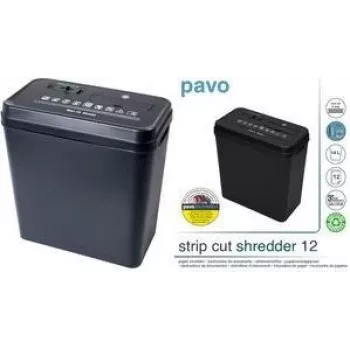 PAVO silppuri pitkittäisleikkaus 12 arkkia, 6 mm suikaleet, 220 mm syöttö, 18 L säiliö, musta (8000784)