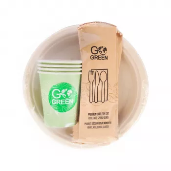GOGREEN kompostoitava piknikastiasetti 4 henkilölle, 24 osaa, kasvipohjainen, luonnonvalkoinen
