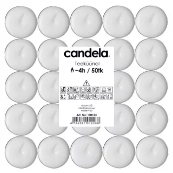 CANDELA tuikut 50 kpl, valkoinen, hajusteeton, 4 h paloaika, alumiinikuppi