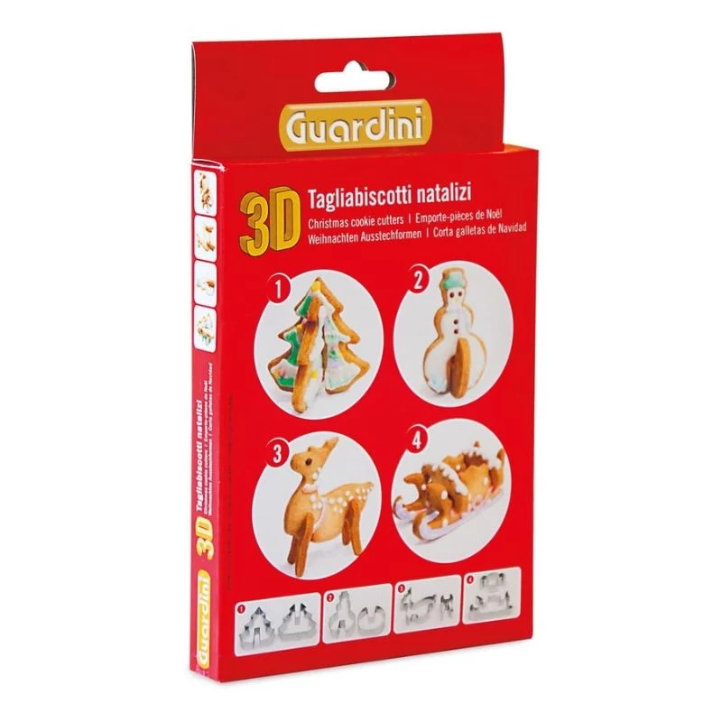 GUARDINI 3D piparkakkumuottisarja, 4 muottia laatikossa 21 x 12,5 x 2 cm