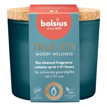 BOLSIUS True Joy tuoksukynttilä lasissa korkkikannella - Woody Wellness, Ø66x83 mm