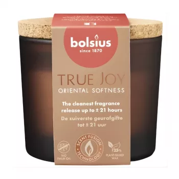 Bolsius True Joy Oriental Softness tuoksukynttilä lasissa korkkikannella, Ø66x83 mm
