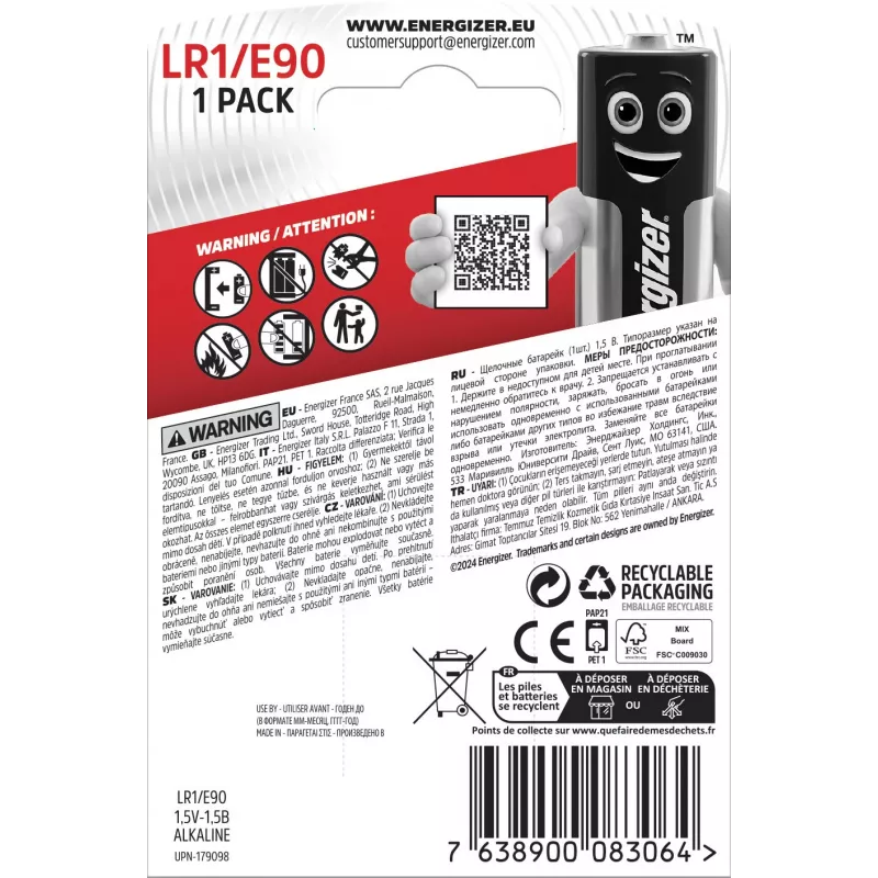 Energizer E90 alkaliparisto, 1,5 V, 1000 mAh, 1 kpl:n pakkaus