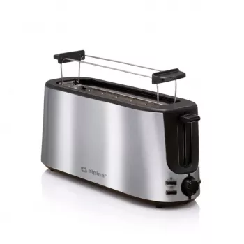 ALPINA ALP-SI-47351 2 viipaleen leivänpaahdin, 1000 W, hopea ruostumaton teräs, 6 paahtoastetta, sulatus, lämmitys, korkea nosto, irrotettava murukaukalo