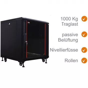 IT-BUDGET 19 tuuman verkkokaappi SRK - 12U - 600x600 mm - lasi-/teräsovi - Flatpack - musta (90ITB19SRK1266GSN)