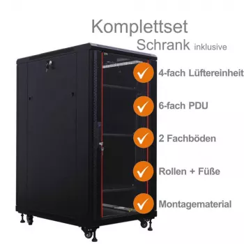 IT-BUDGET 19-verkkokaappi SRK täydellinen sarja - 27U - 600x800 mm - lasi-/umpiovi - 4 aktiivista tuuletinta - PDU - hyllyt - Flatpack - musta (90ITB19SRK2768GS)