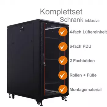 IT-BUDGET 19-verkkokaappi SRK täydellinen sarja - 27U - 600x800 mm - lasi-/umpiovi - 4 aktiivista tuuletinta - PDU - hyllyt - Flatpack - musta (90ITB19SRK2768GS)