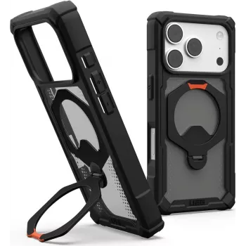 UAG Urban Armor Gear Plasma XTE 360 MagSafe Kickstand -kotelo Apple iPhone 18 Pro/17 Pro - läpinäkyvä harmaa mustilla ja oransseilla yksityiskohdilla 114573114097