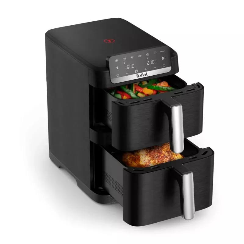 TEFAL kaksoiskori-kiertoilmafriteerauskeitin EY7528E0 Easy Fry Crispy Stack, 2700 W, 6 L + 4 L, musta