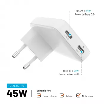 Fixed Slim 2xUSB-C matkalaturi 65W GaN PD valkoinen