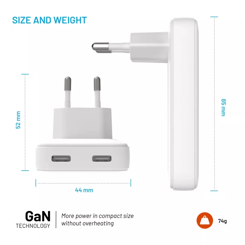 Fixed Slim 2xUSB-C matkalaturi 65W GaN PD valkoinen
