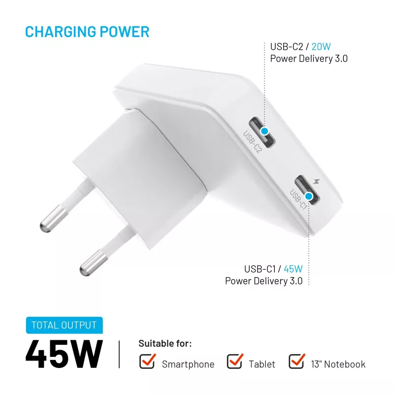 Fixed Slim Traveller 2xUSB-C -matkalaturi maailmanadaptereilla, GaN, 45W – valkoinen