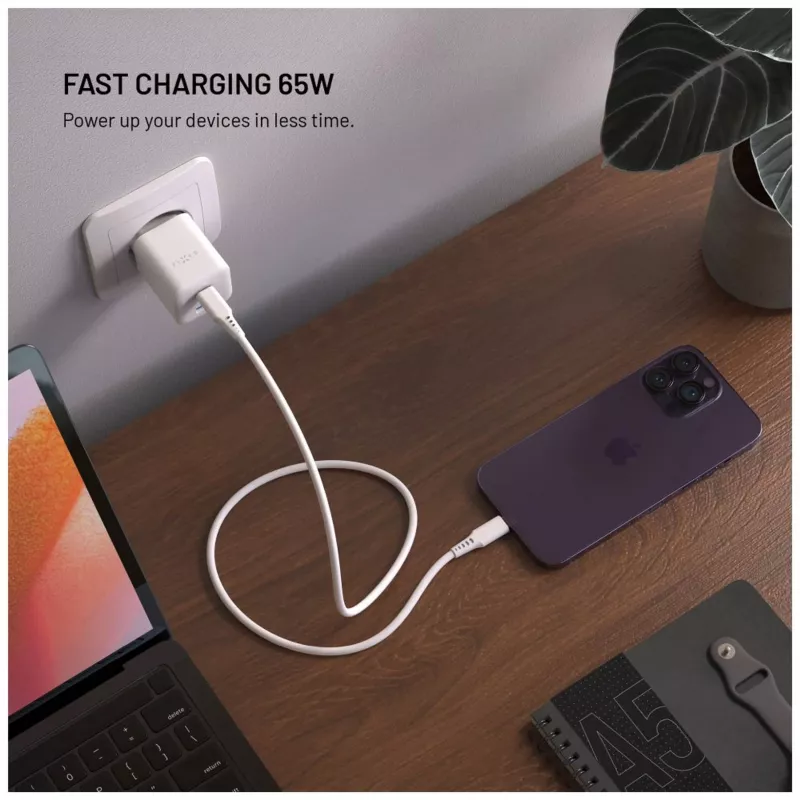 Fixed Mini 2x USB-C ja USB GaN -laturi 65W valkoinen