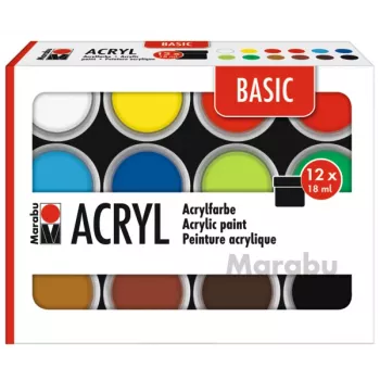 Marabu BASIC akryylivärisarja, 12 x 18 ml, korkea pigmentointi, erittäin hyvä valonkesto 1210000000214