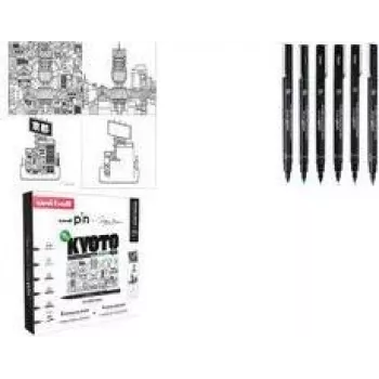 uni-ball PIN Kyoto fineliner-kynäsarja, 6 pigmenttitussikynää (musta, 0,1–sivellin), vedenkestävä CF PIN/6 003