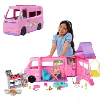 Barbie Dreamhouse Adventures nukkejen asuntoauto-leikkisetti, muuttuu 7 alueen asuntoautoksi, 60+ lisäosaa, roosa