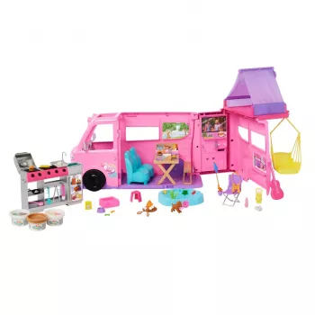 Barbie Dreamhouse Adventures nukkejen asuntoauto-leikkisetti, muuttuu 7 alueen asuntoautoksi, 60+ lisäosaa, roosa