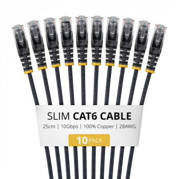StarTech Slim Cat6 U/UTP -verkkokaapeli RJ45, 0,25 m, musta, 10 kpl:n pakkaus
