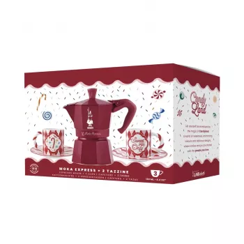 Bialetti Candyland Moka Express 3TZ -käsikahvinkeitinsarja, 150 ml, punainen + 2 kuppia