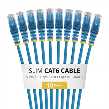 StarTech.com N6PAT50CMBLS10PK Slim Cat6 -verkkokaapeli, RJ45, 0,5 m, sininen, 10 kpl:n pakkaus
