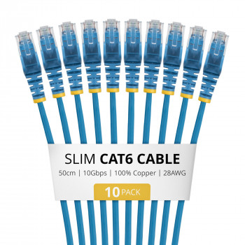 StarTech.com N6PAT50CMBLS10PK Slim Cat6 -verkkokaapeli, RJ45, 0,5 m, sininen, 10 kpl:n pakkaus